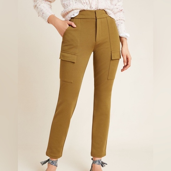 By Anthropologie The Essential Slim Knit Cargo Pants Olive Green Trousers Sz 4 - Picture 5 of 14
